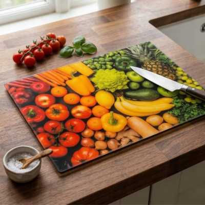 Obrázok pre Sklenená krájacia doska 25 x 35 cm – ovocie a zelenina